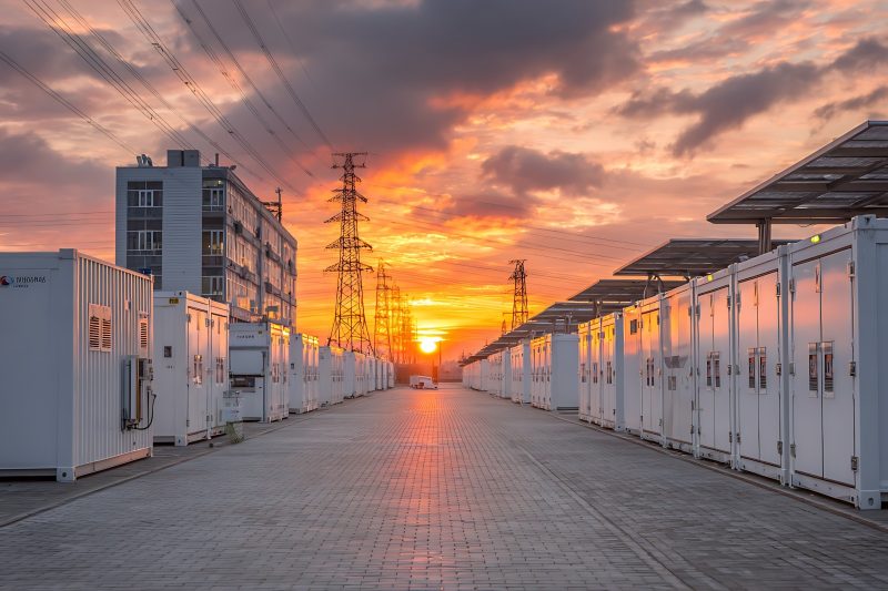 Infraestructura de almacenamiento y líneas de transmisión al atardecer